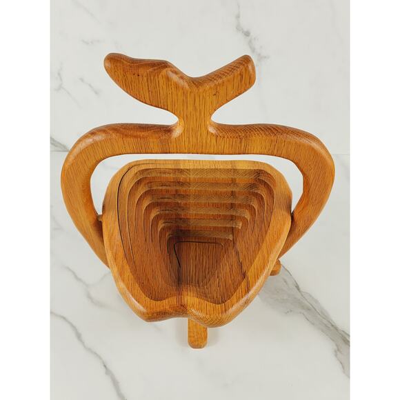 Wood Folding Fruit Basket Apple Shaped 11" John's Wood Shop Handcrafted USA - Picture 2 of 16